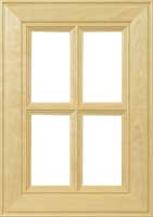 Four panel glass cabinet door with inner and outer edge detailing, recessed panel and 7/8" frame.
