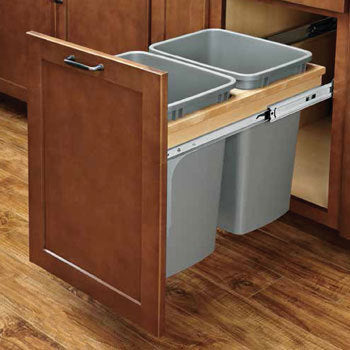 Top mount soft close waste containers for double 35 qt bins