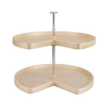 Corner cabinet organizer featuring two shelves and laminated hardwood shelf rim