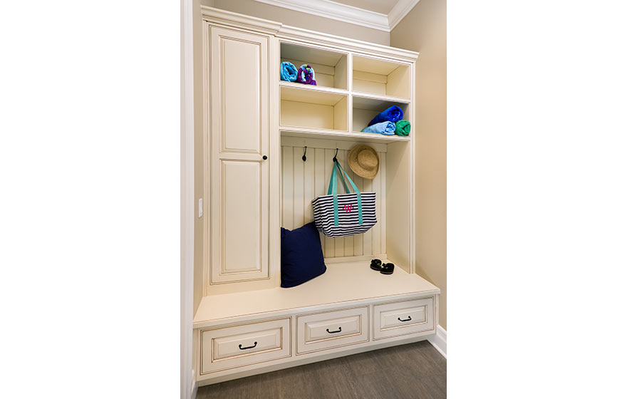 Built-in cabinets for mudroom with bench drawers and cubbies