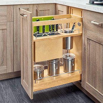 Base cabinet pull-out with knife and utensil organizer 