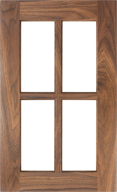 Nolan 4 pane glass cabinet door shown in Walnut