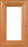 Single glass panel Delaware cabinet door with mitered corners and an intricate inside and outside edge detailing