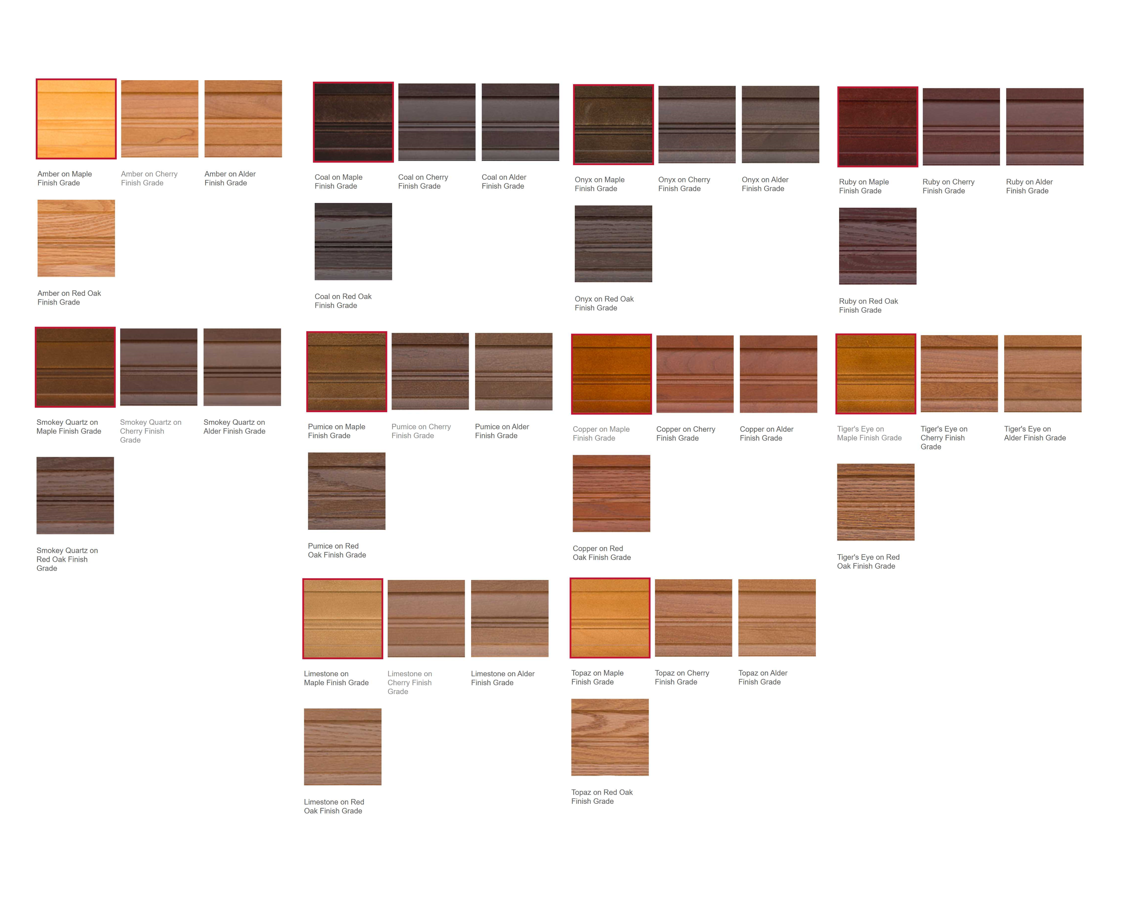 Wood stain color samples that are available for cabinet doors and drawers