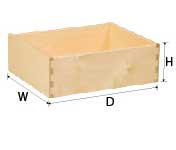 Dovetailed drawer box image showing measuring directions for height, depth and width 