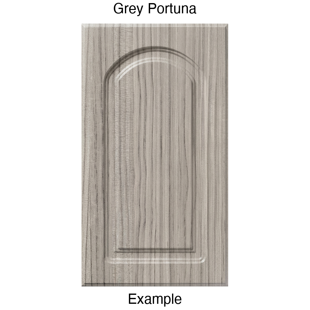 DP8 Arched Raised Panel Thermofoil Cabinet Door in Grey Portuna