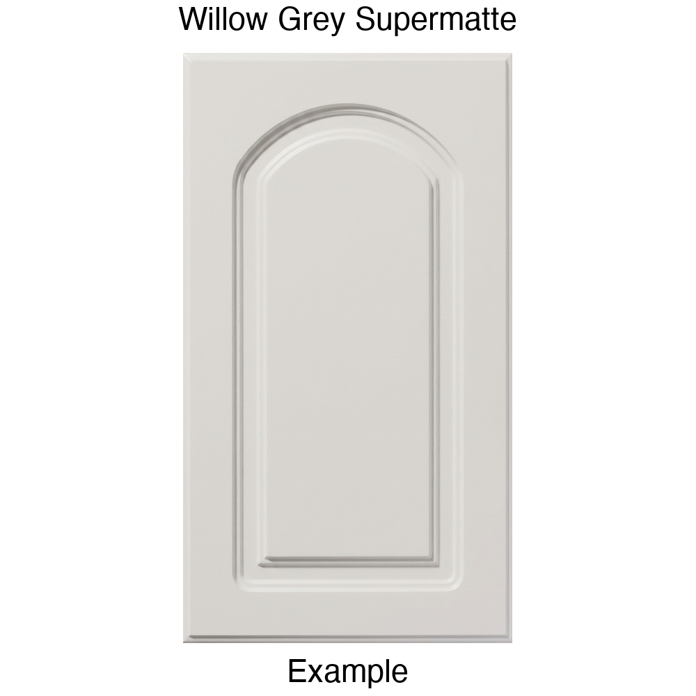 DP8 Arched Raised Panel Thermofoil Cabinet Door in Willow Grey Supermatte