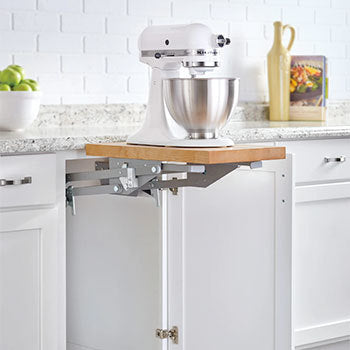 Heavy duty mixer lift with a maple shelf for cabinets
