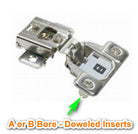 Hinge includes multiple bore options and doweled inserts