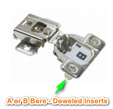 Hinge includes multiple bore options and doweled inserts