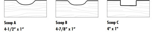 Dovetailed drawer box diagrams showing Scoop Cut handle options
