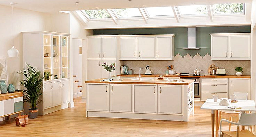 Newly remodeled kitchen with Newbury skinny shaker cabinet doors in white 
