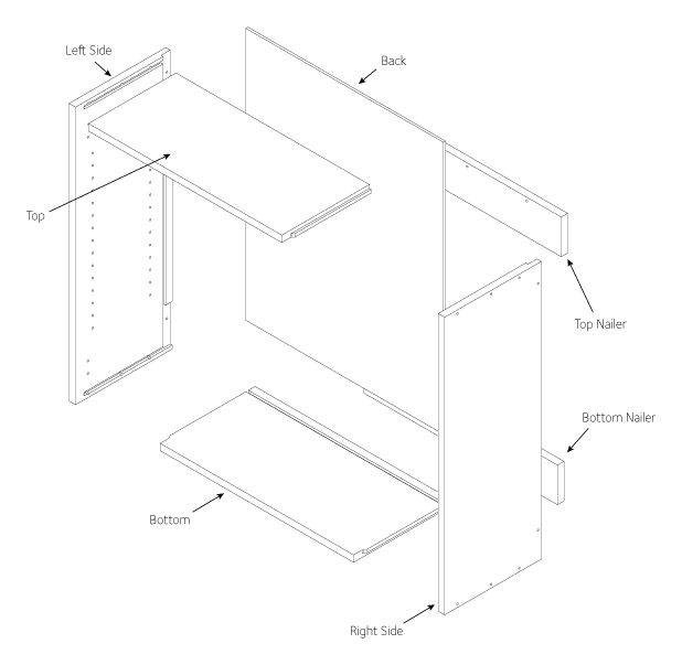 Exploded view of an RTA upper wall cabinet showing how the panels fit together