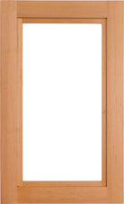The Zion 4 piece cabinet door frame with glass pane and 1/2" stepped ledge inside edge detail and sleek beveled panel