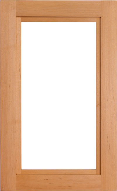The Zion 4 piece cabinet door frame with glass pane and 1/2" stepped ledge inside edge detail and sleek beveled panel